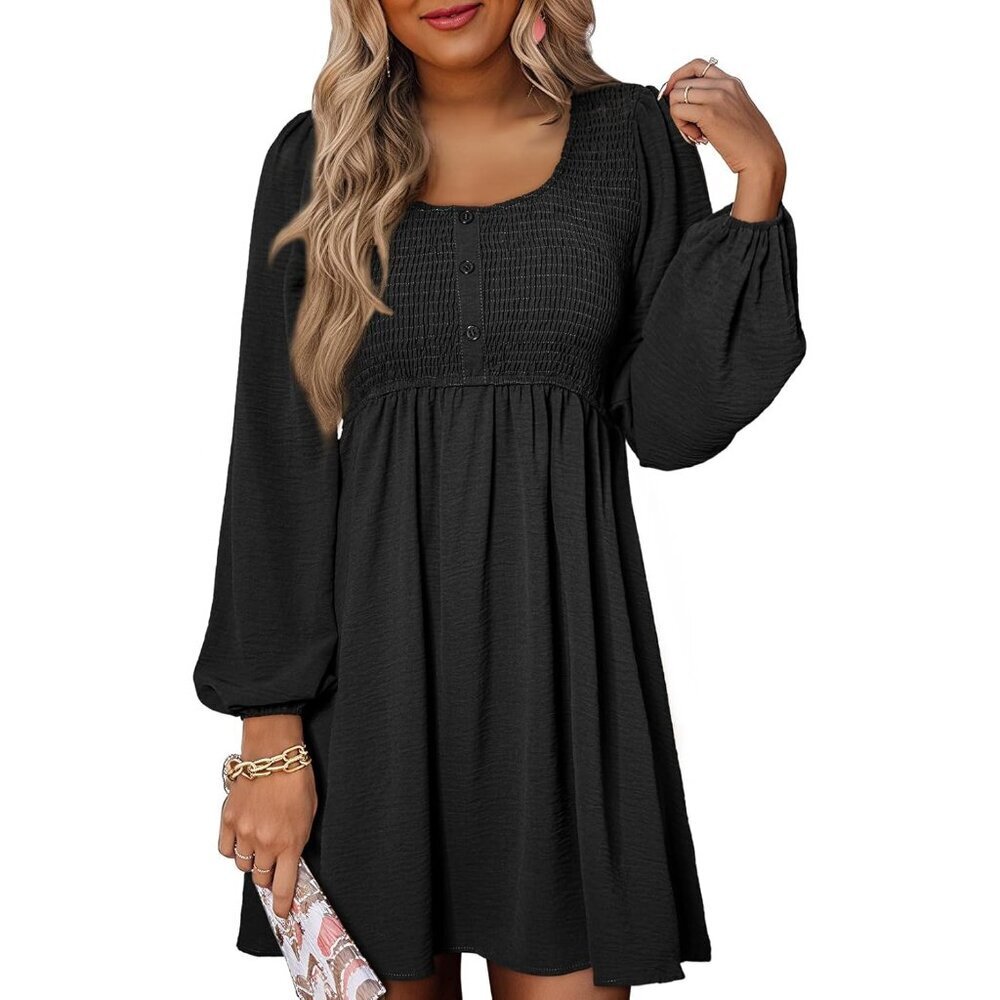 Womens Casual Smocked Crewneck Button Long Sleeve Empire Waist A-Line Dress